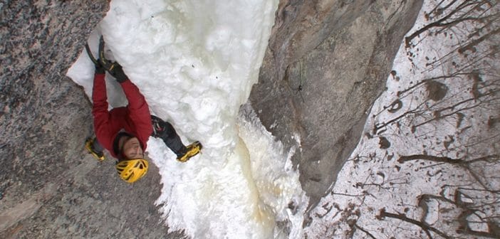 KIS Strength Training Steve House on the crux column of Remission during the first solo of the route. Cathedral Ledge North Conway, NH. Photo by Jimmy Surrette