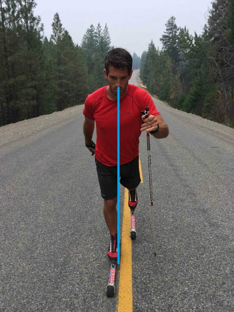 Nose over the big toe: This is what it should look like. Shifting your weight fully from one ski to the other when striding ensures a powerful rear-leg drive and better skin adhesion on forward ski. This will be specially helpful on steep terrain, hard-surfaced race courses, and in icy conditions.