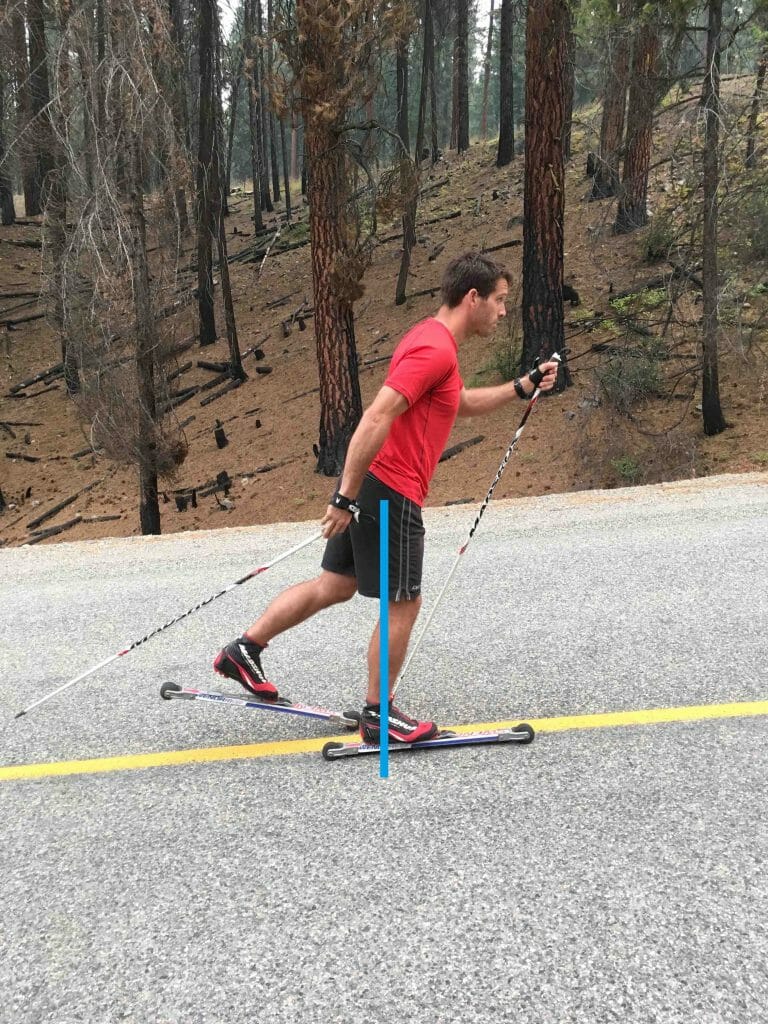A strong hip extension puts the center of gravity over the forward ski, making the movement more dynamic and weighting the ski over the height of the camber for the best grip-and-kick. This is especially important if you're using shorter kicker skins or very narrow skins for faster and/or flatter courses.