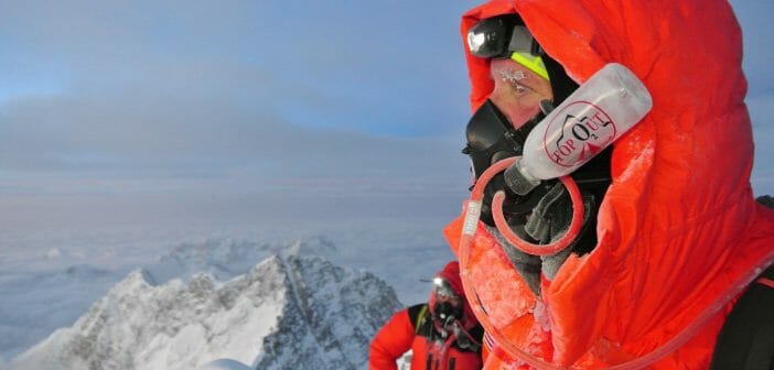 Training, Oxygen Systems, and Hypoxic Tents Summit Ridge of Everest with a 2016-model OnTop Oxygen Mask. Bill Allen Photo
